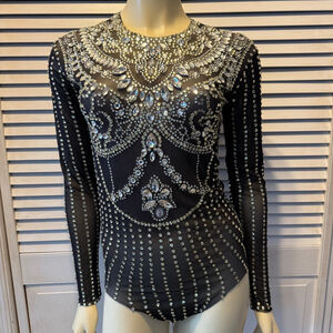 Black Rhinestone Crystal Mesh Bodysuit Long Sleeve Dance Festival Costume OS
